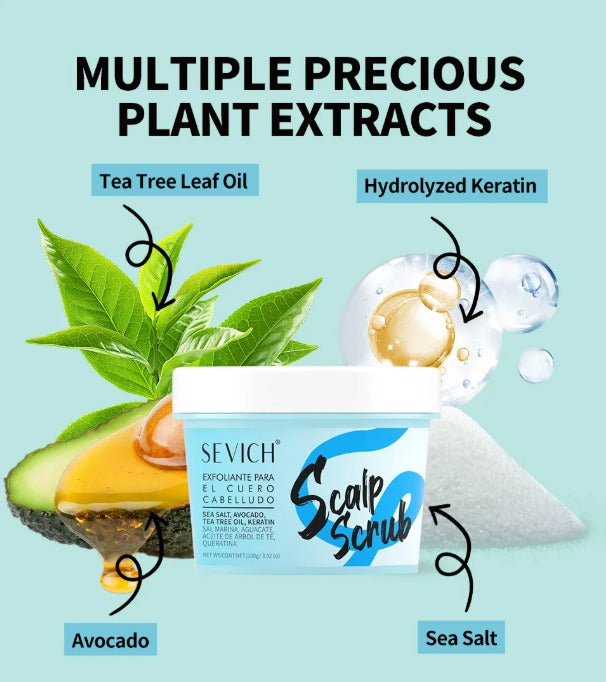 Sevich Scalp Scrub key ingredients - Tea Tree Oil, Avocado, Sea Salt, Keratin
