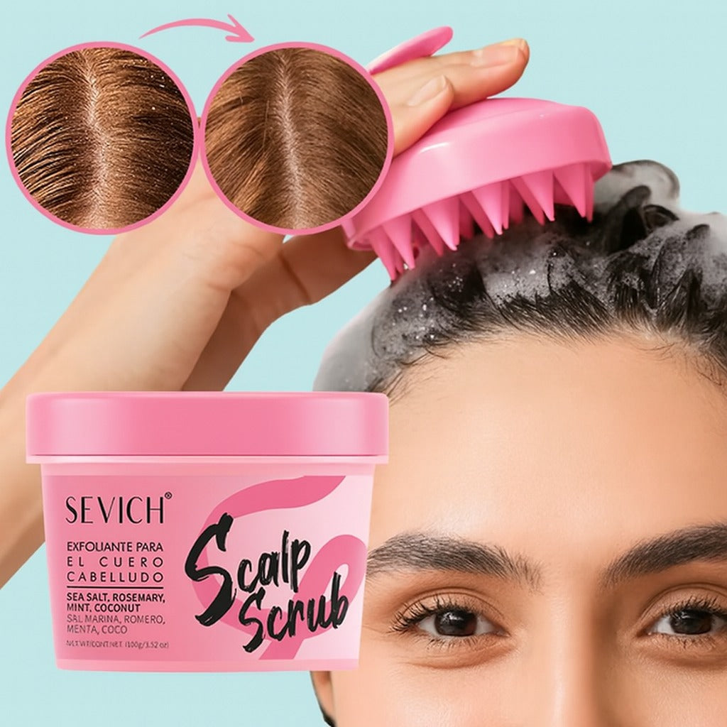Sevich Mild Moisturizing Scalp Scrub pink tub with key ingredients